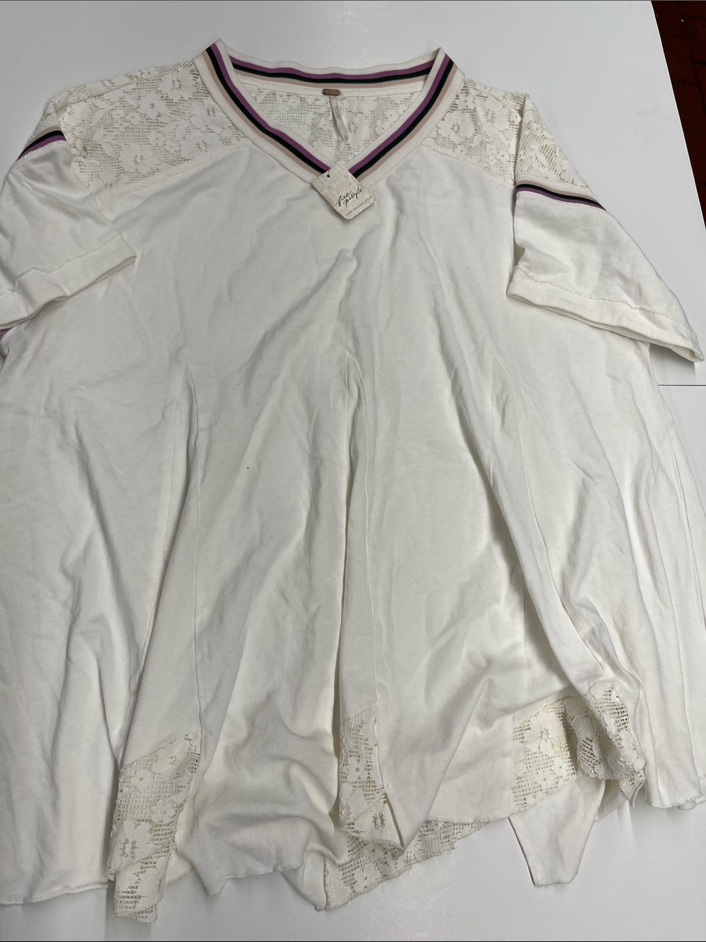New Free People Cream V-Neck Lace-Trim Sleep Tunic w/ Striped Accent Size Large